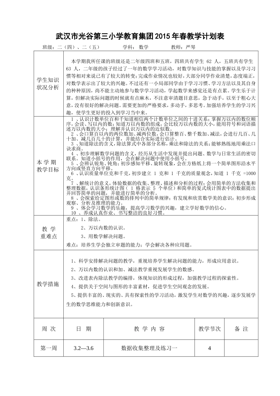 严琴2015年春教学计划表_第1页
