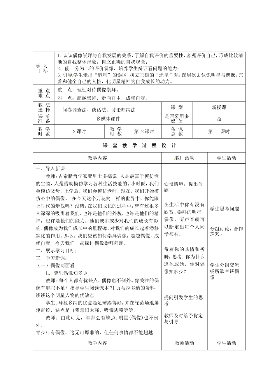 甘肃省瓜州县第二中学八年级政治上册第七课偶像与自我（第二课时）学案（无答案）教科版_第2页