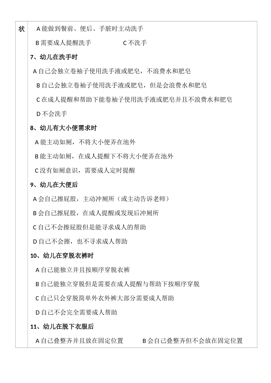 中班幼儿自理能力问卷调查表_第2页