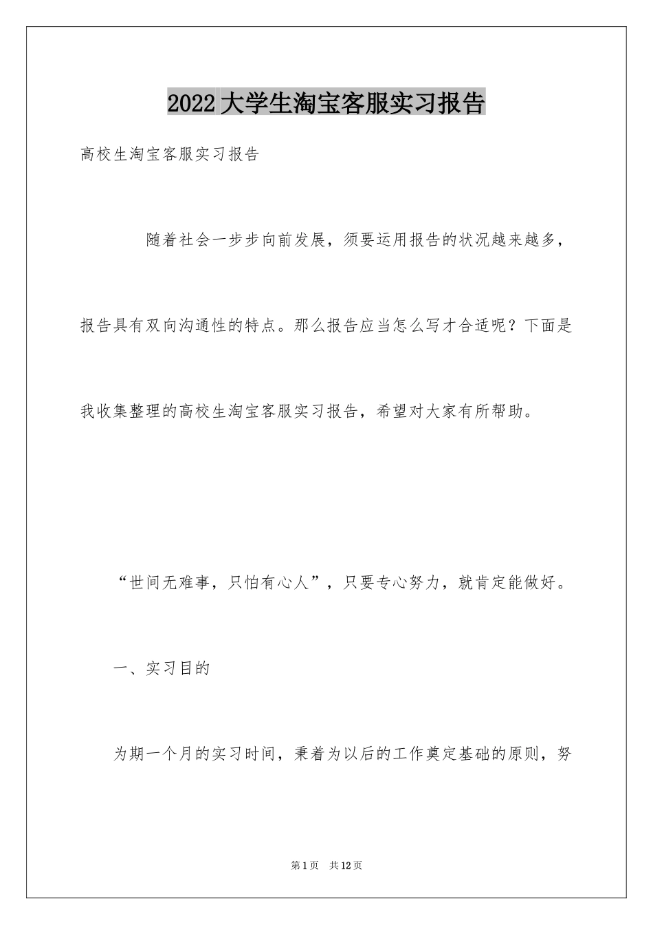 2024大学生淘宝客服实习报告_第1页