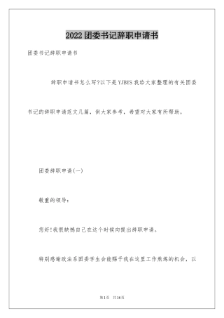 2024团委书记辞职申请书