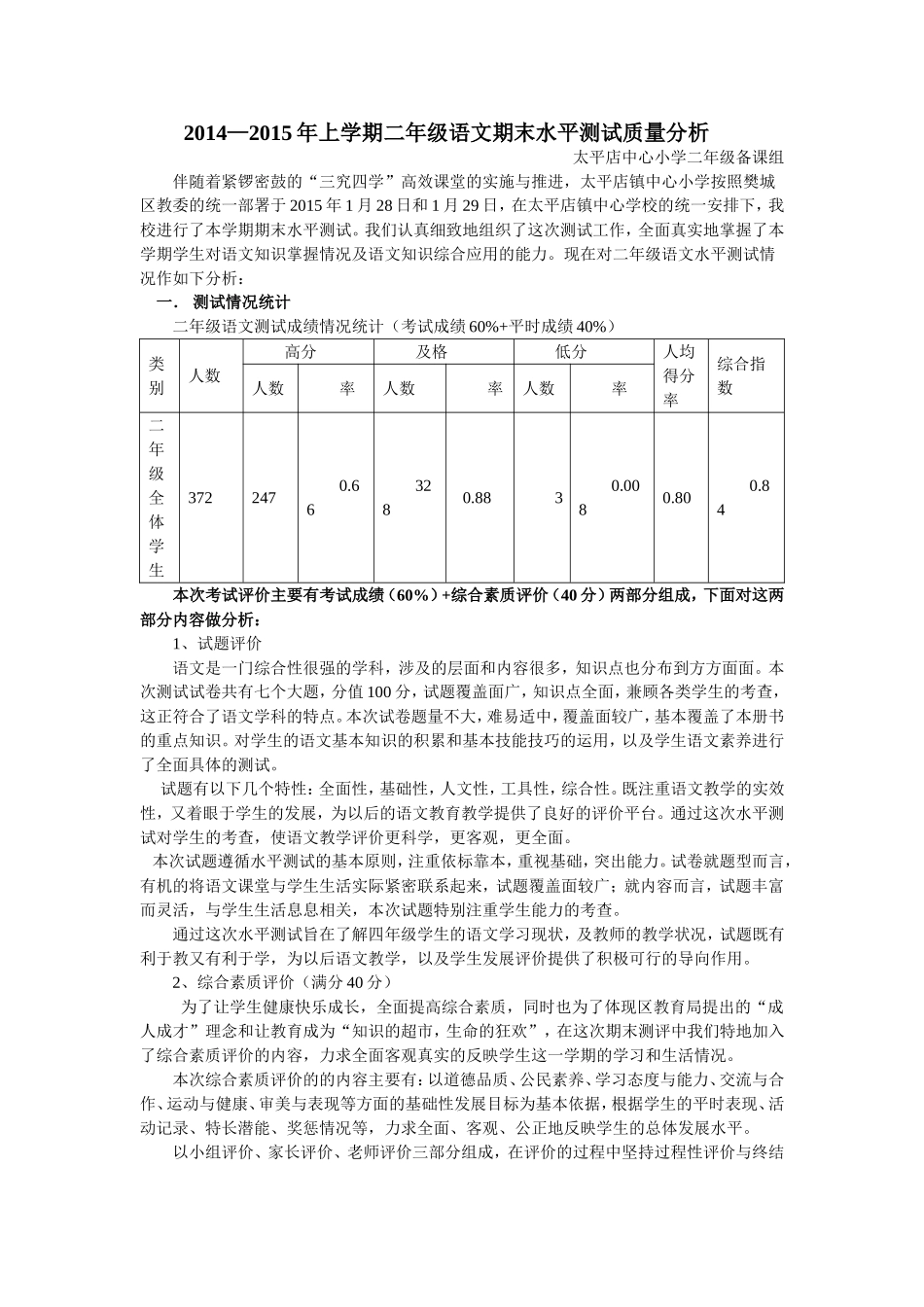 2015年春二年级语文期末水平测试质量分析[1]_第1页