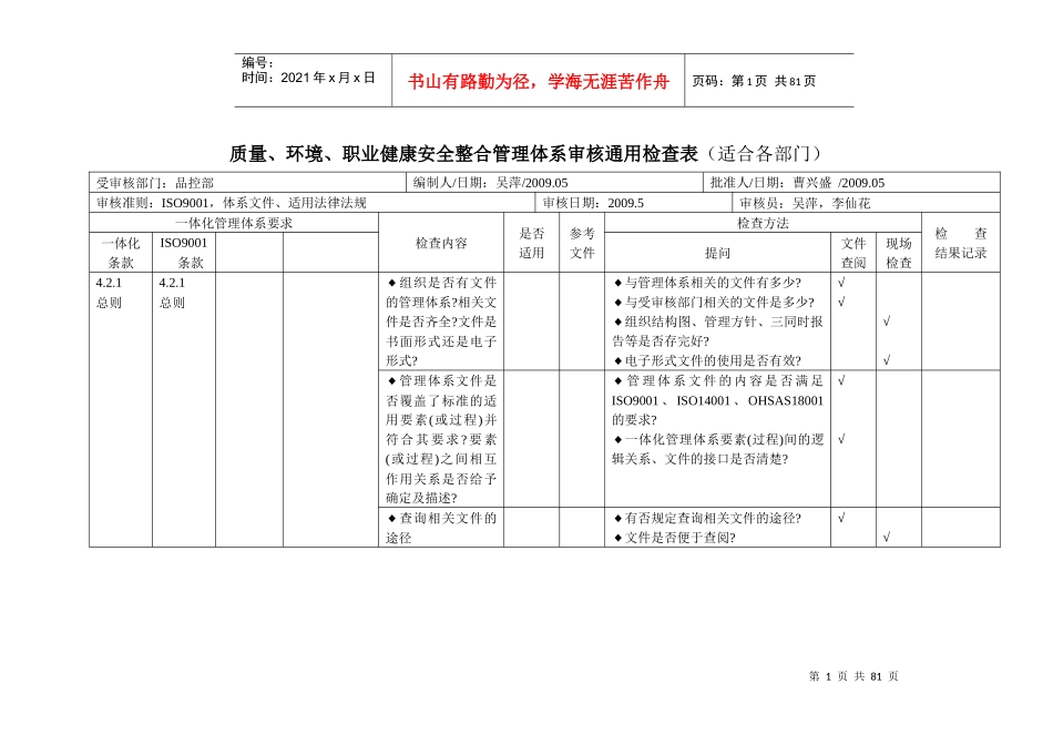 质量、环境、职业健康安全整合管理体系审核通用检查表_第1页