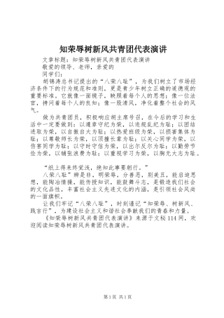 知荣辱树新风共青团代表演讲稿