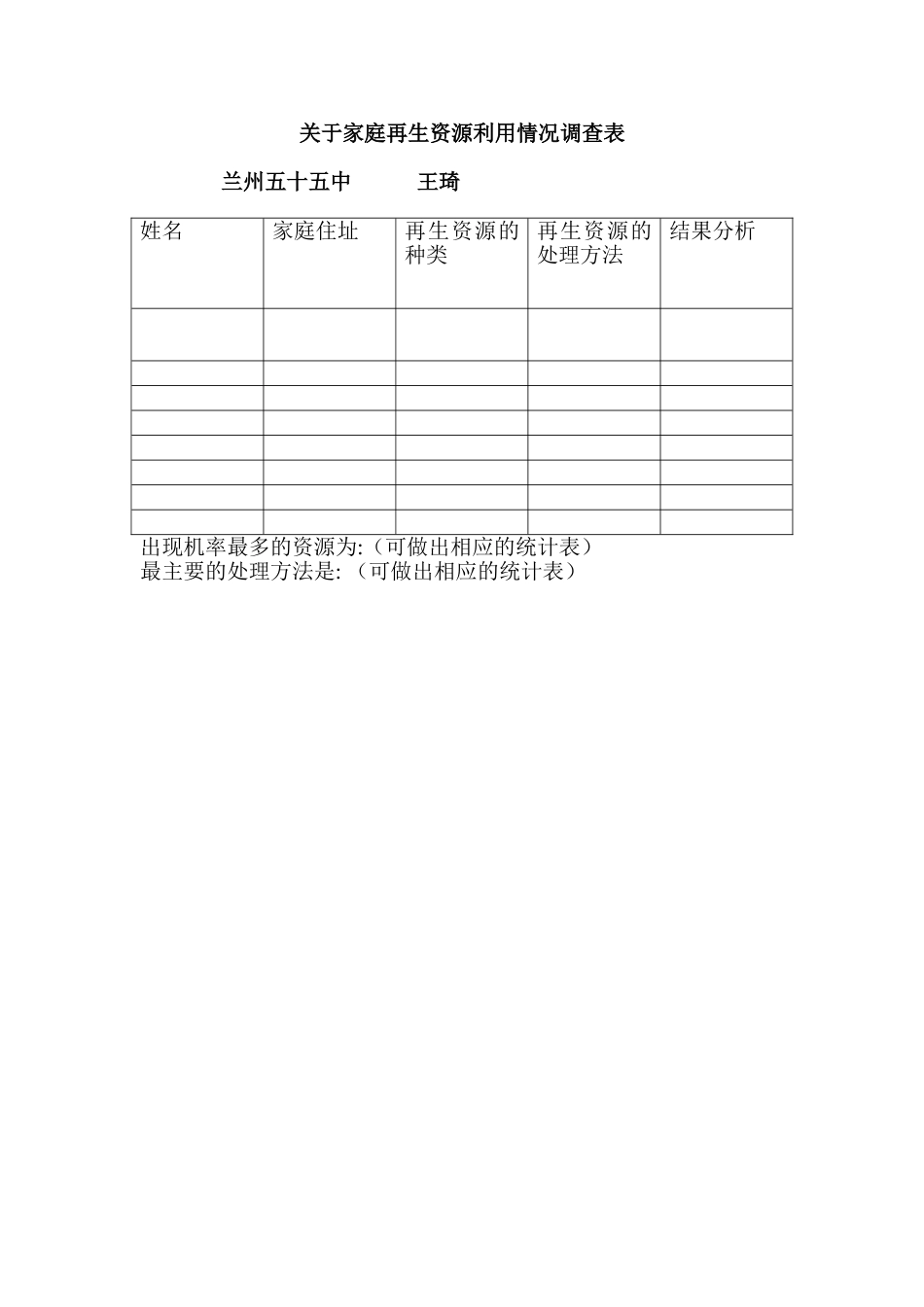 关于家庭再生资源利用情况的调查表_第1页