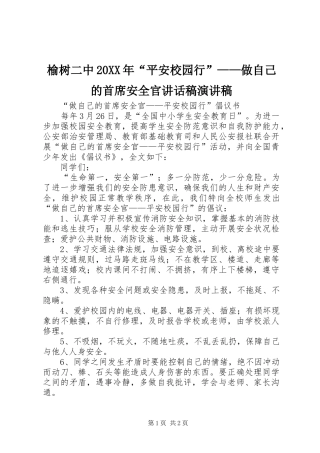 榆树二中20XX年“平安校园行”——做自己的首席安全官讲话发言稿演讲稿(2)