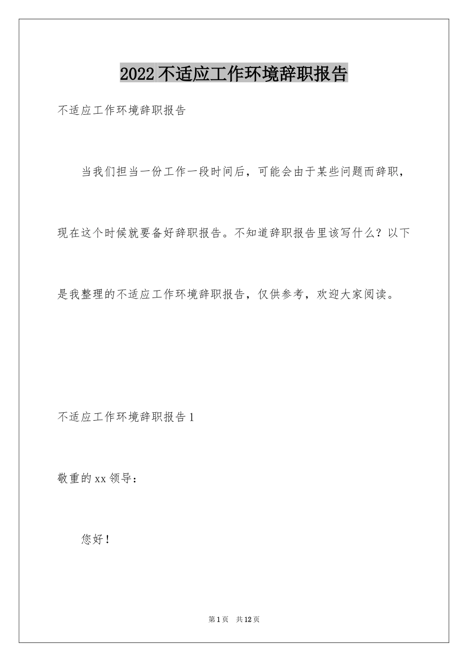 2024不适应工作环境辞职报告_第1页