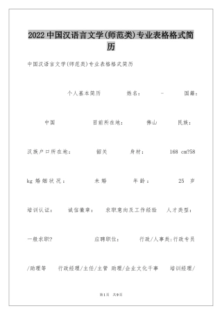 2024中国汉语言文学(师范类)专业表格格式简历