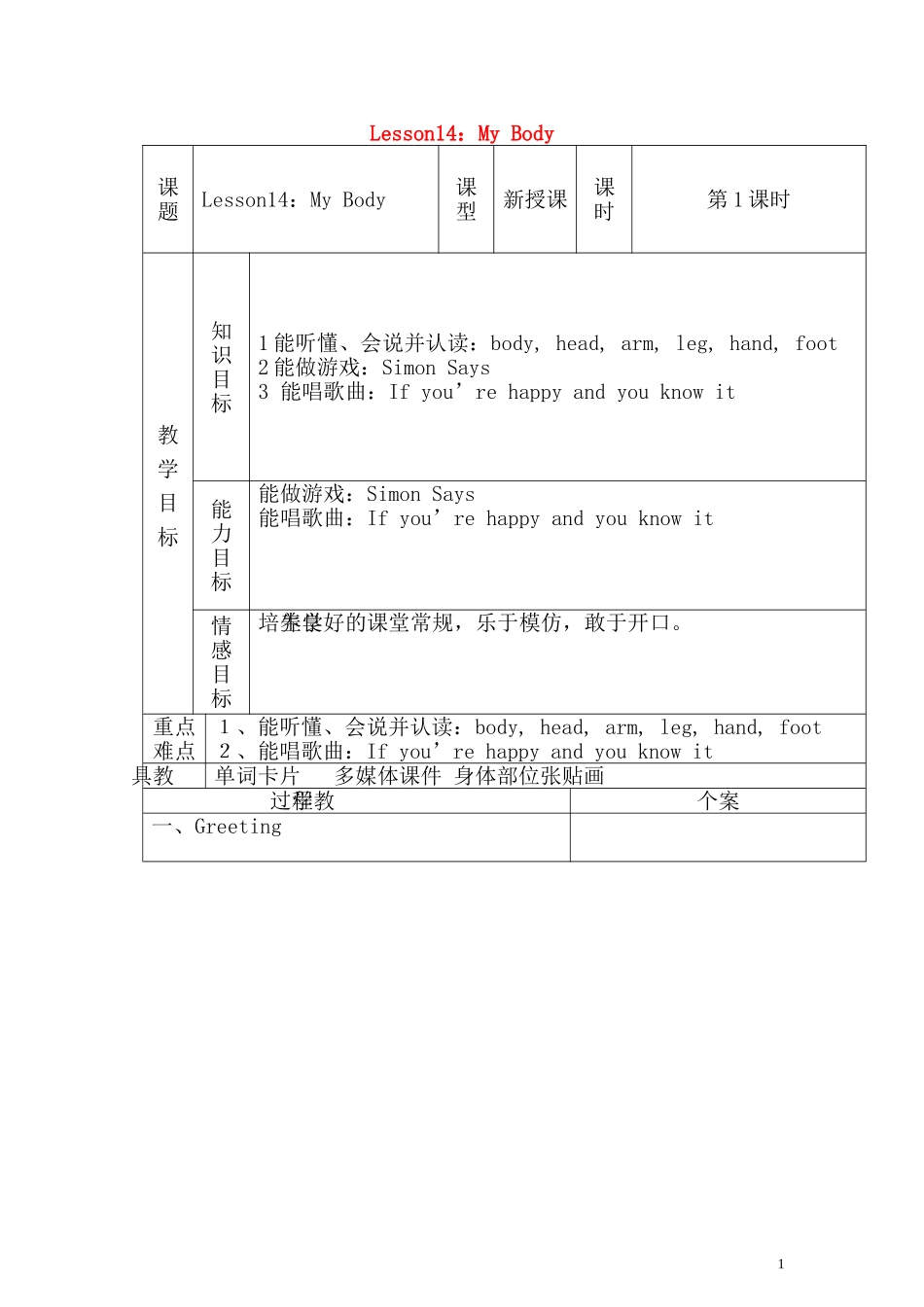 三年级英语上册_Lesson14_My_Body教案_冀教版_第1页
