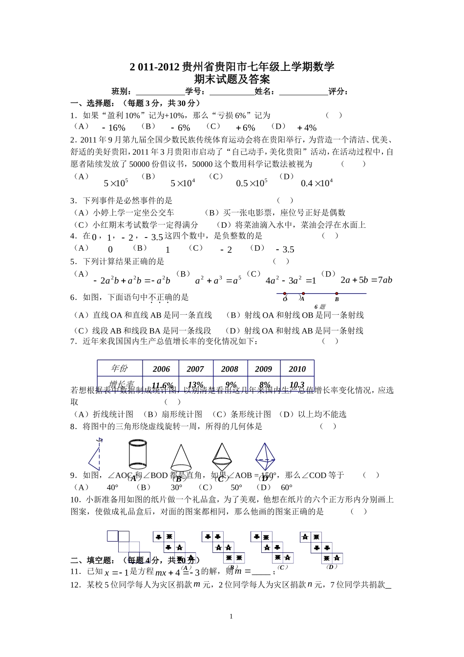 2011-2012贵州省贵阳市七年级上学期数学期末试题及答案_第1页