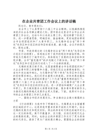 在企业共青团工作会议上的讲话发言稿()
