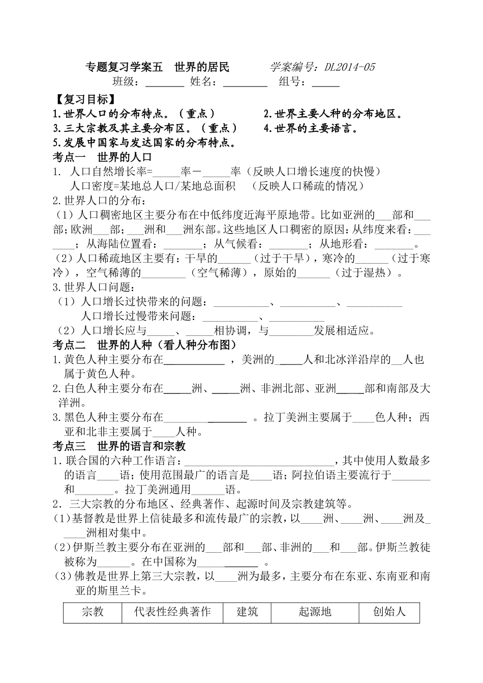 专题复习学案5世界的居民_第1页