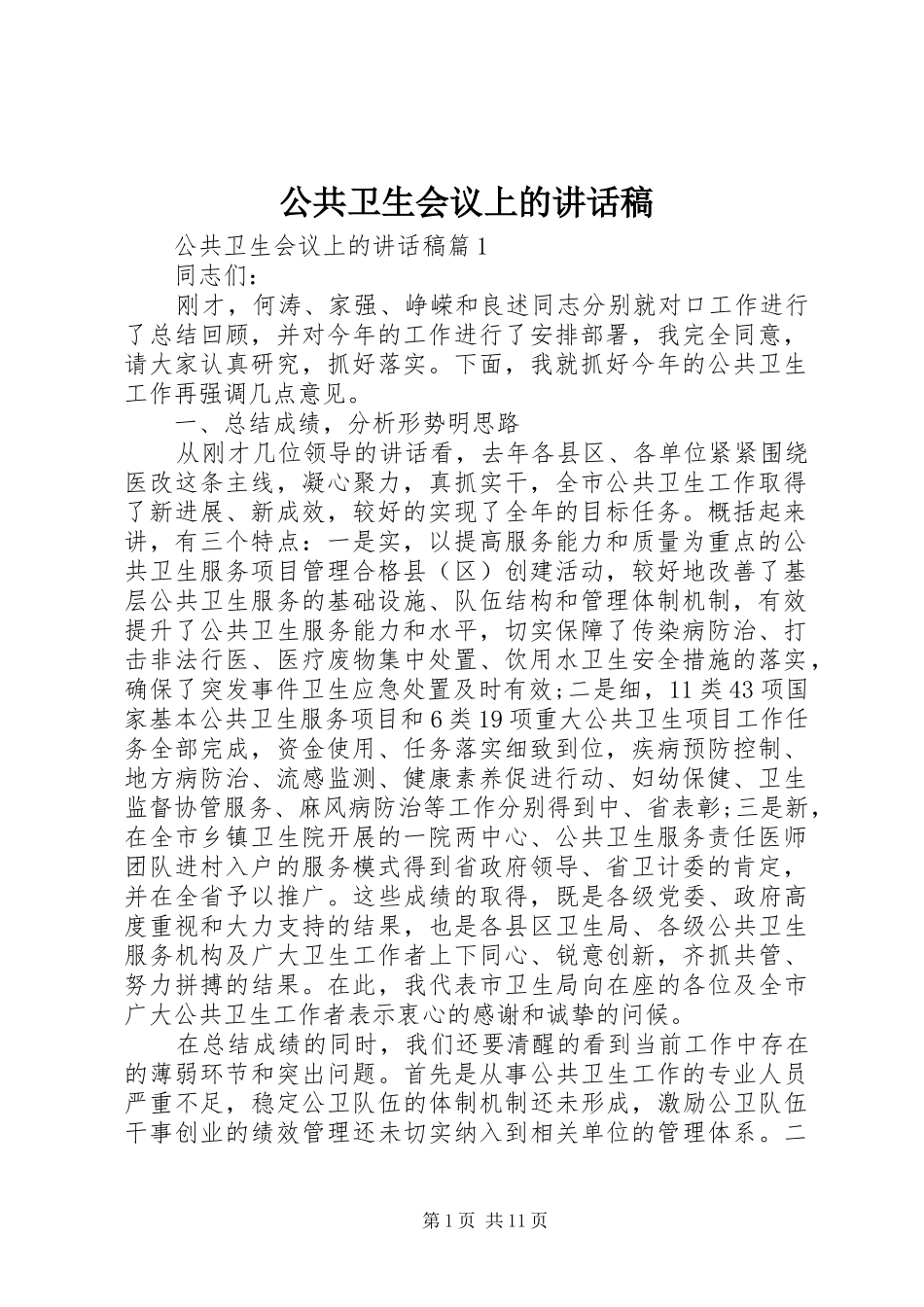 公共卫生会议上的讲话发言稿_第1页