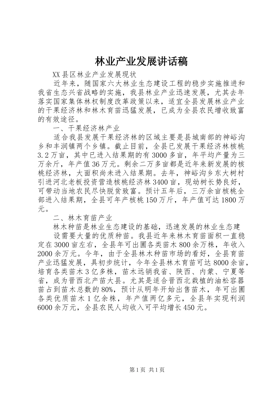 林业产业发展的讲话发言稿_第1页