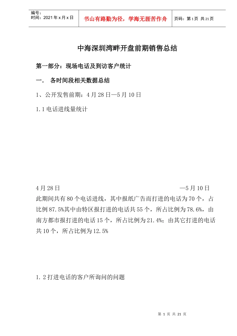 房地产行业某楼盘开盘前期销售总结_第1页