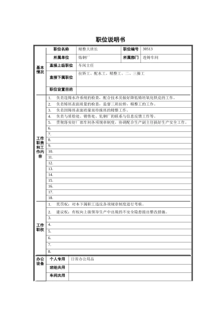 精整大班长职位说明书