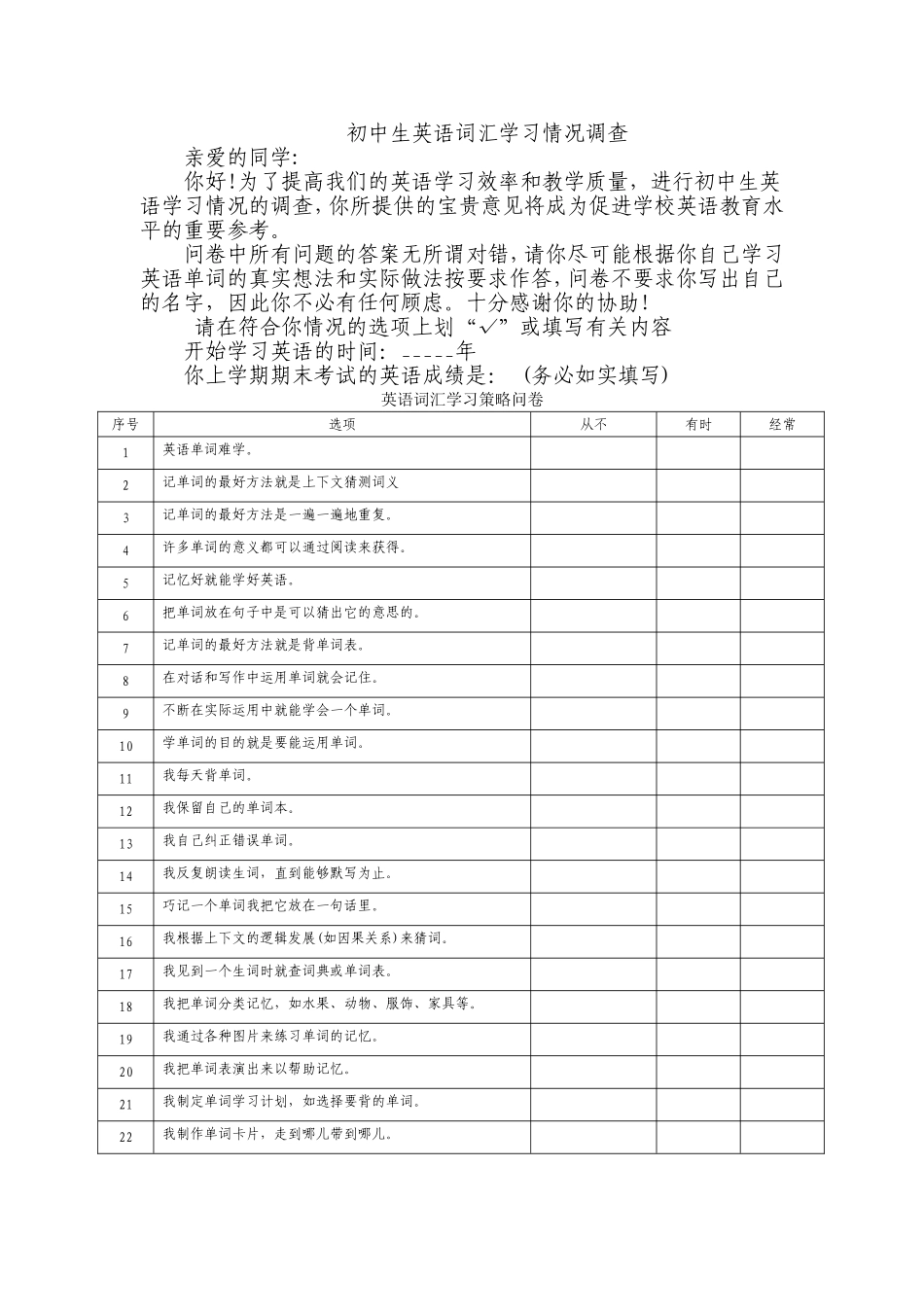 初中生英语词汇学习情况调查_第1页