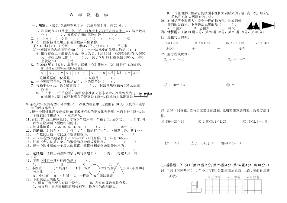 2012小学六年级数学下册期末复习题及答案_第1页