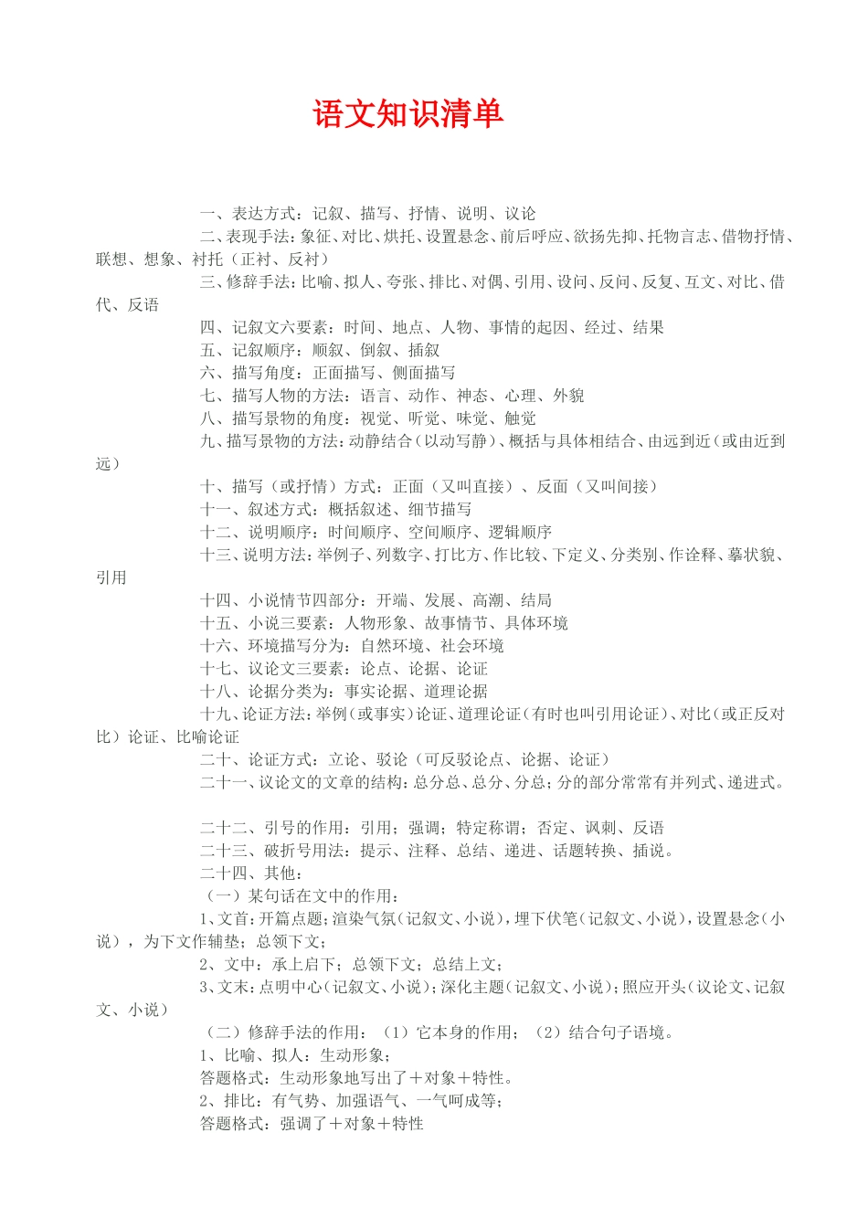 语文知识清单、阅读部分_第1页