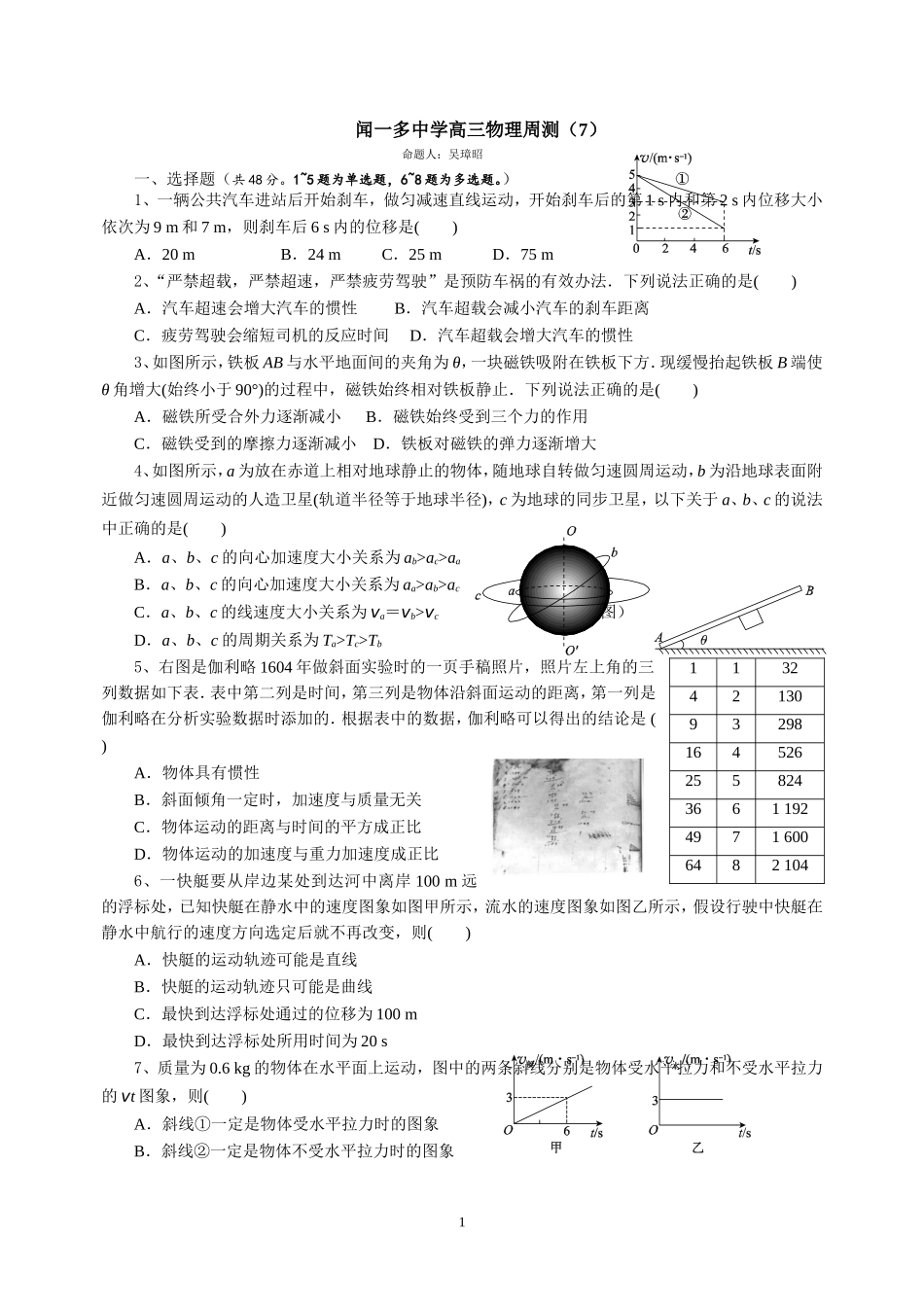 闻一多中学高三物理周测（7）_第1页