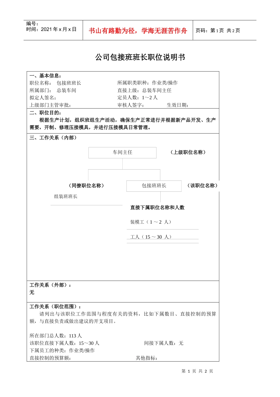 某大型汽车零部件公司营销部包接班班长职位说明书_第1页