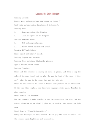 英语：Unit 1 The Olympics Lesson 8英文教案（冀教版九年级上）