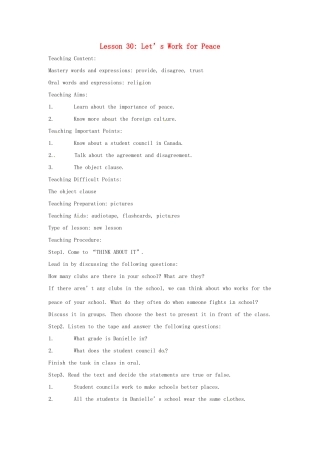 英语：Unit 4 Work for Peace Lesson 6英文教案（冀教版九年级下）