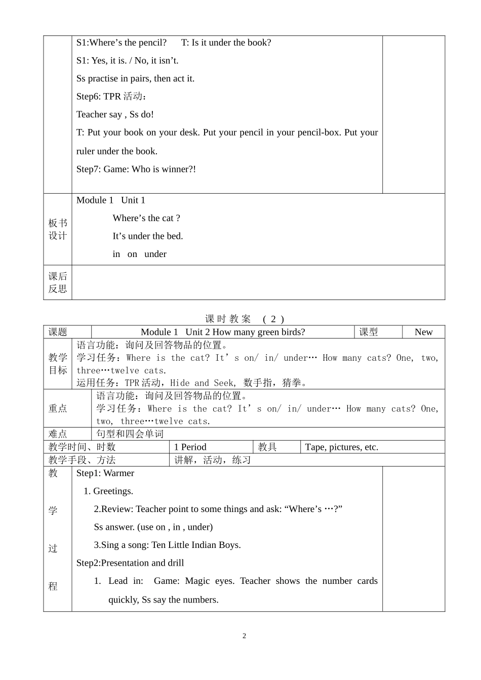 老版：小学新标准英语一年级起点第二册全册教案_第2页