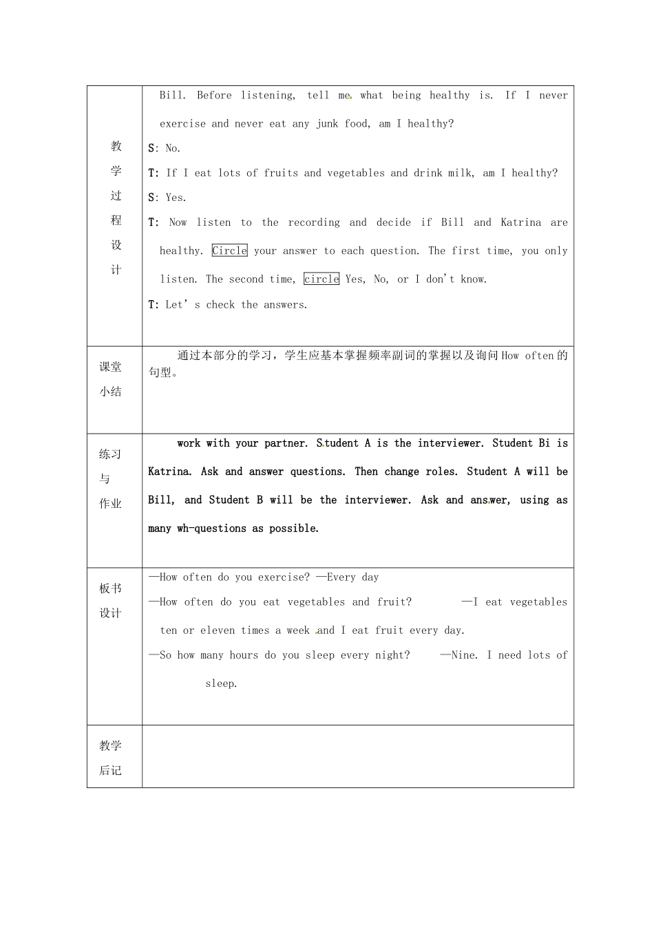 浙江省绍兴县杨汛桥镇中学人教版八年级英语上册 Unit1《How often do you exercise》教案（4） 人教新目标版 _第2页