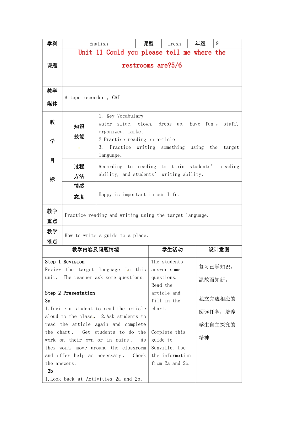 陕西省神木县大保当中学九年级英语 unit 11 Could you please tell me where the restrooms are period 5教案 人教新目标版_第1页