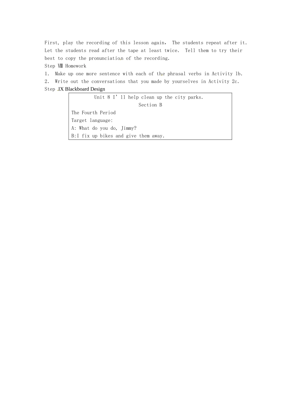 浙江省上虞市竺可桢中学九年级英语全册《Unit 8 I’ll help clean up the city parks（第四课时）》教案 人教新目标版_第3页
