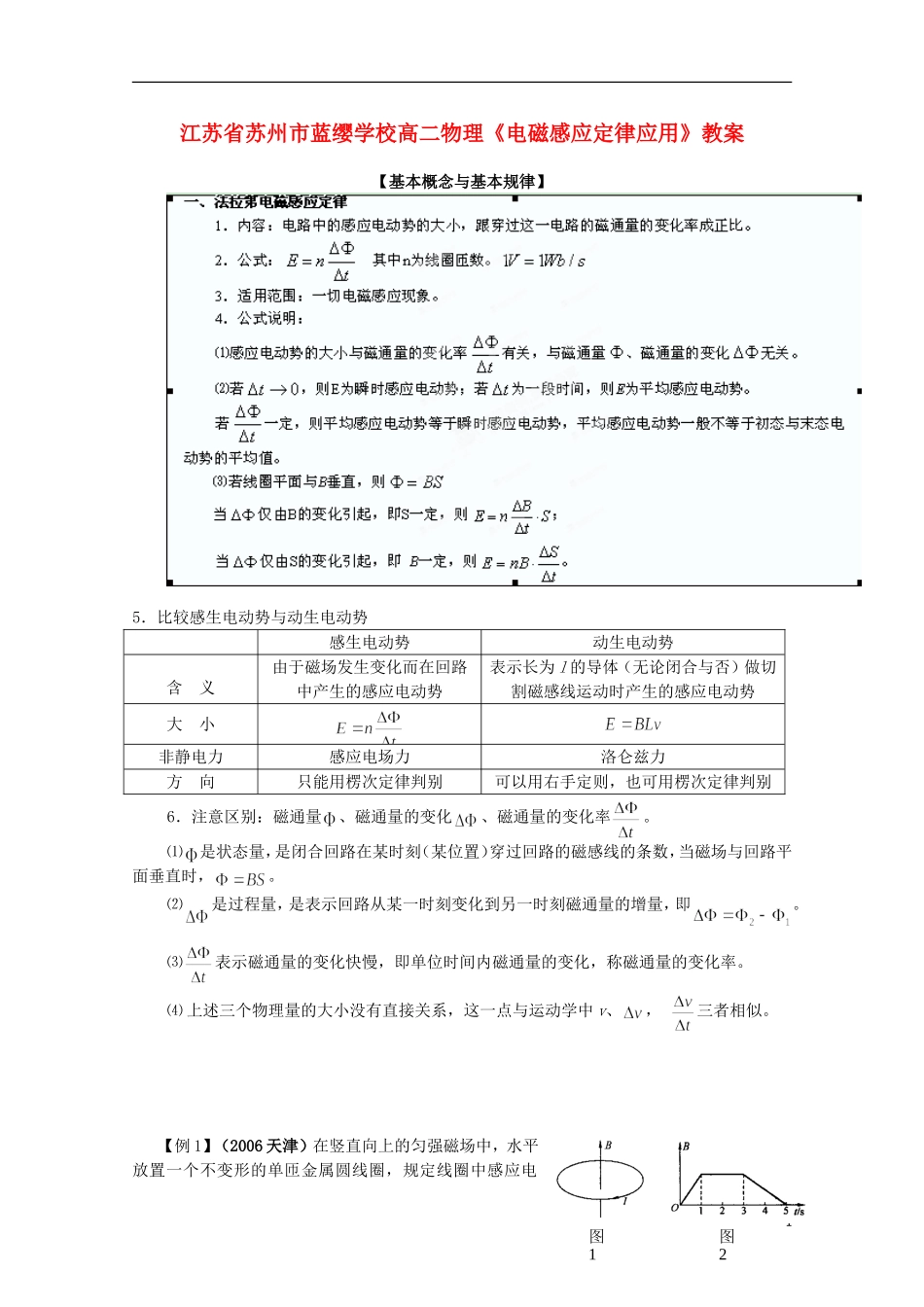 江苏省苏州市蓝缨学校高二物理《电磁感应定律应用》教案_第1页