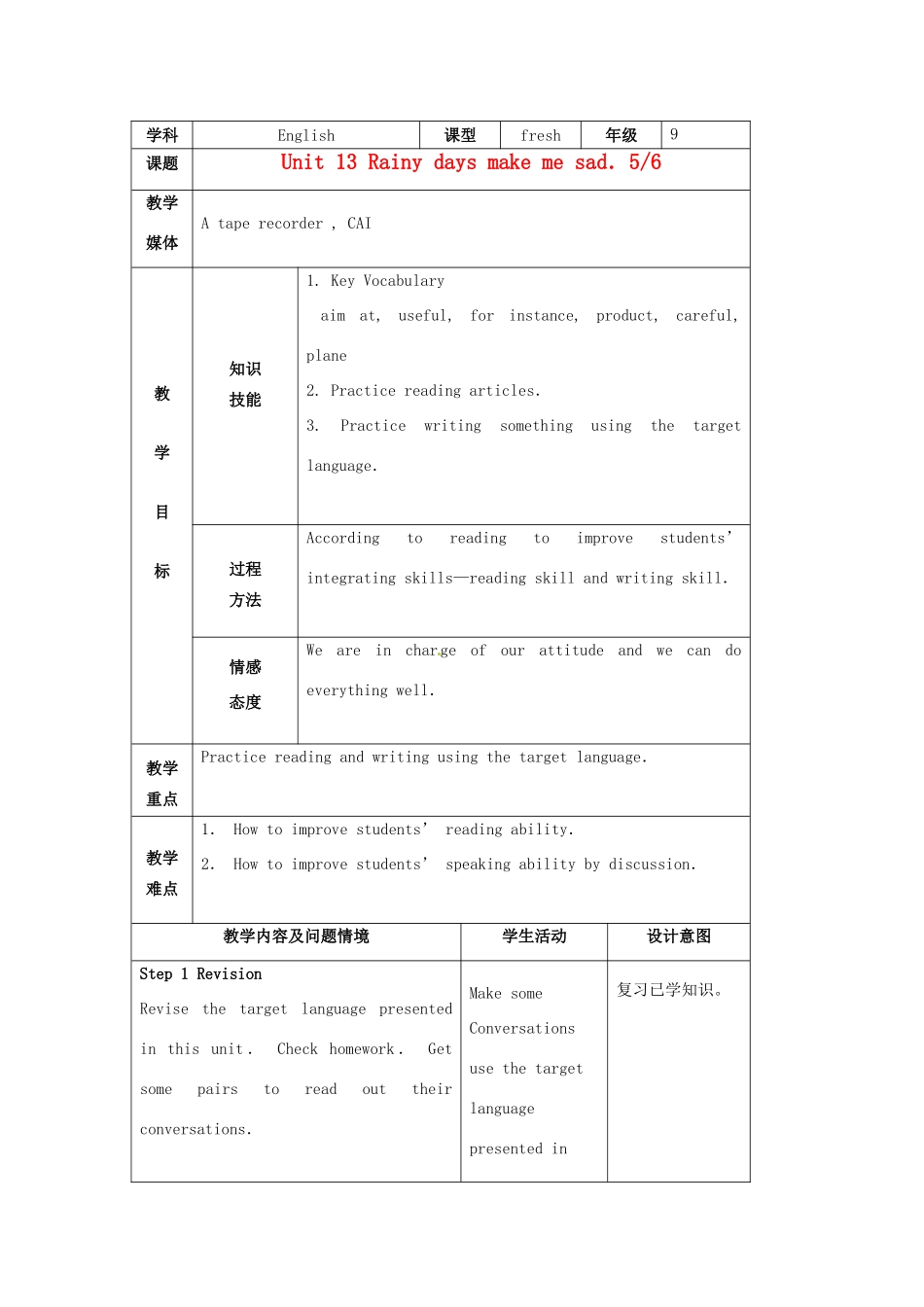 陕西省神木县大保当中学九年级英语 unit 13 Rainy days make me sad period 5教案 人教新目标版_第1页