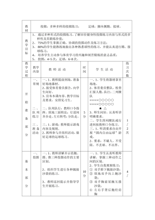 投掷：多种多样的投掷练习；足球：脚内侧踢、接球。