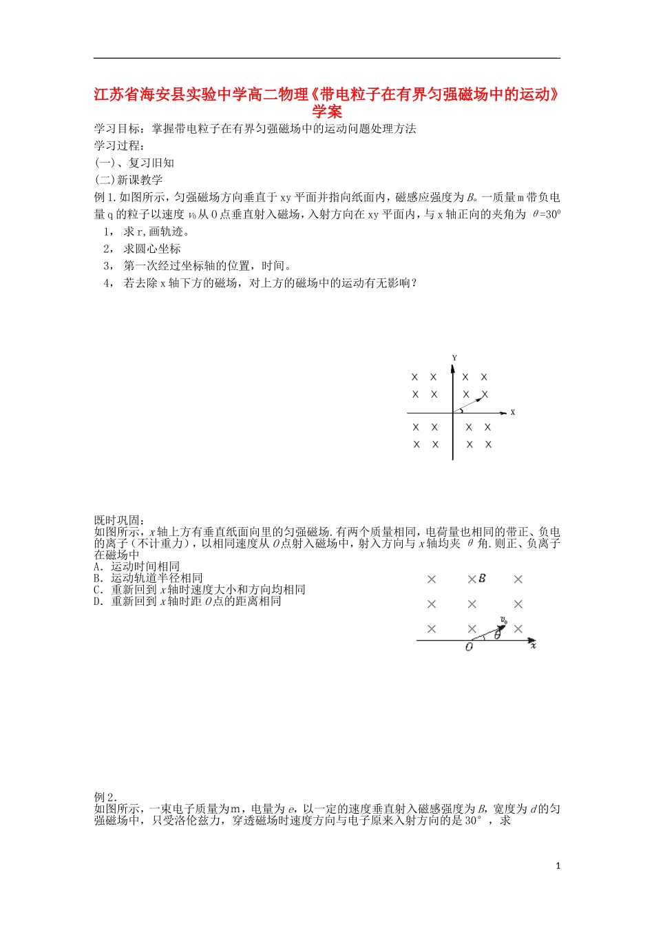 江苏省海安县实验中学高二物理《带电粒子在有界匀强磁场中的运动》学案_第1页
