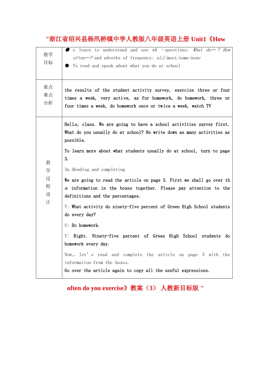 浙江省绍兴县杨汛桥镇中学人教版八年级英语上册 Unit1《How often do you exercise》教案（3） 人教新目标版 _第1页