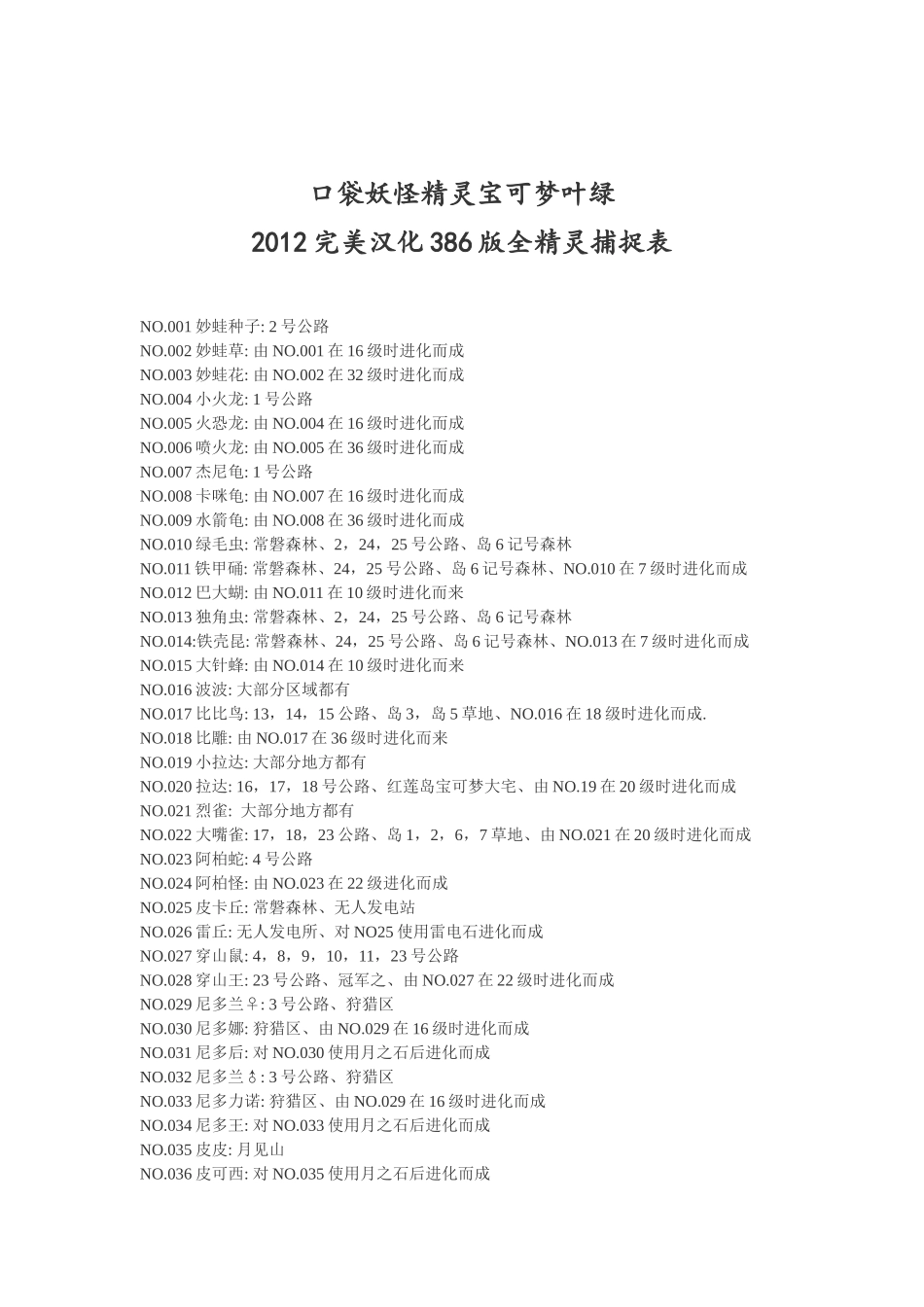 口袋妖怪精灵宝可梦叶绿2012完美汉化386版全精灵捕捉表_第1页