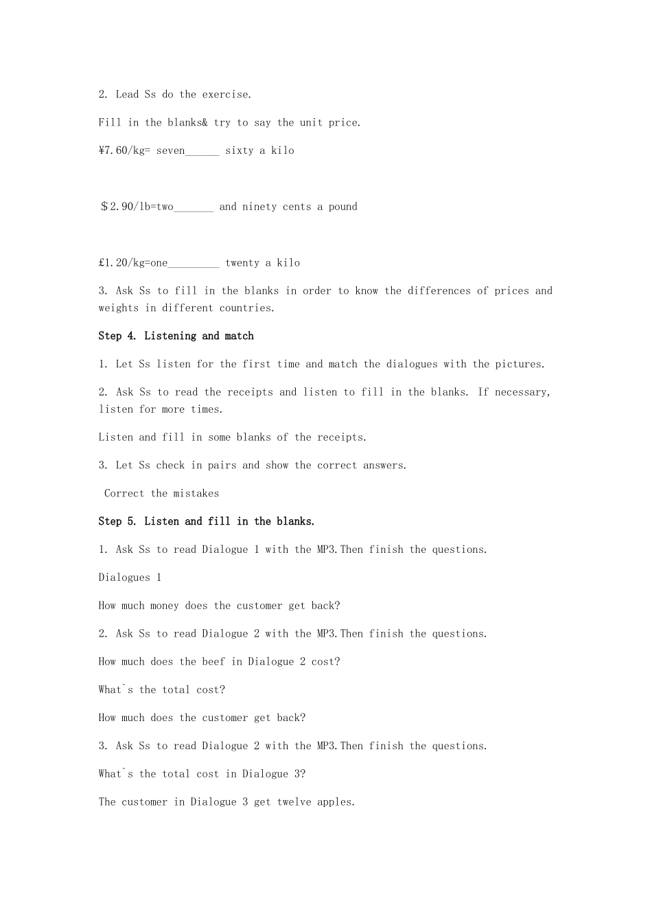 秋期七年级英语下册 Unit 3 Food and Drink Lesson 7 Shopping for Food教案 （新版）北师大版-（新版）北师大版初中七年级下册英语教案_第3页