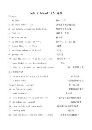 牛津版八年级英语Unit2 School Life 词组