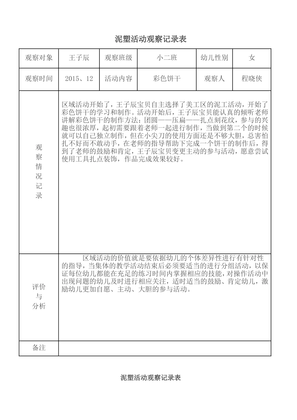 泥塑活动观察记录表_第2页