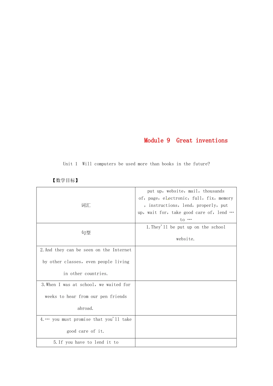 秋九年级英语上册 Module 9 Great inventions Unit 1 Will computers be used more than books in the future教案 （新版）外研版-（新版）外研版初中九年级上册英语教案_第1页