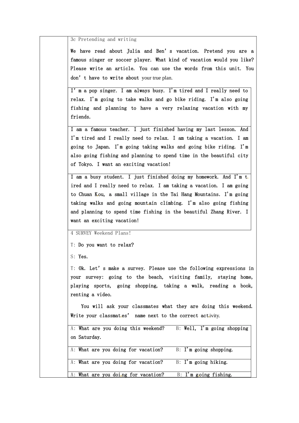 浙江省绍兴县杨汛桥镇中学人教版八年级英语上册 Unit3《What are you doing for vacation》教案（4） 人教新目标版 _第3页