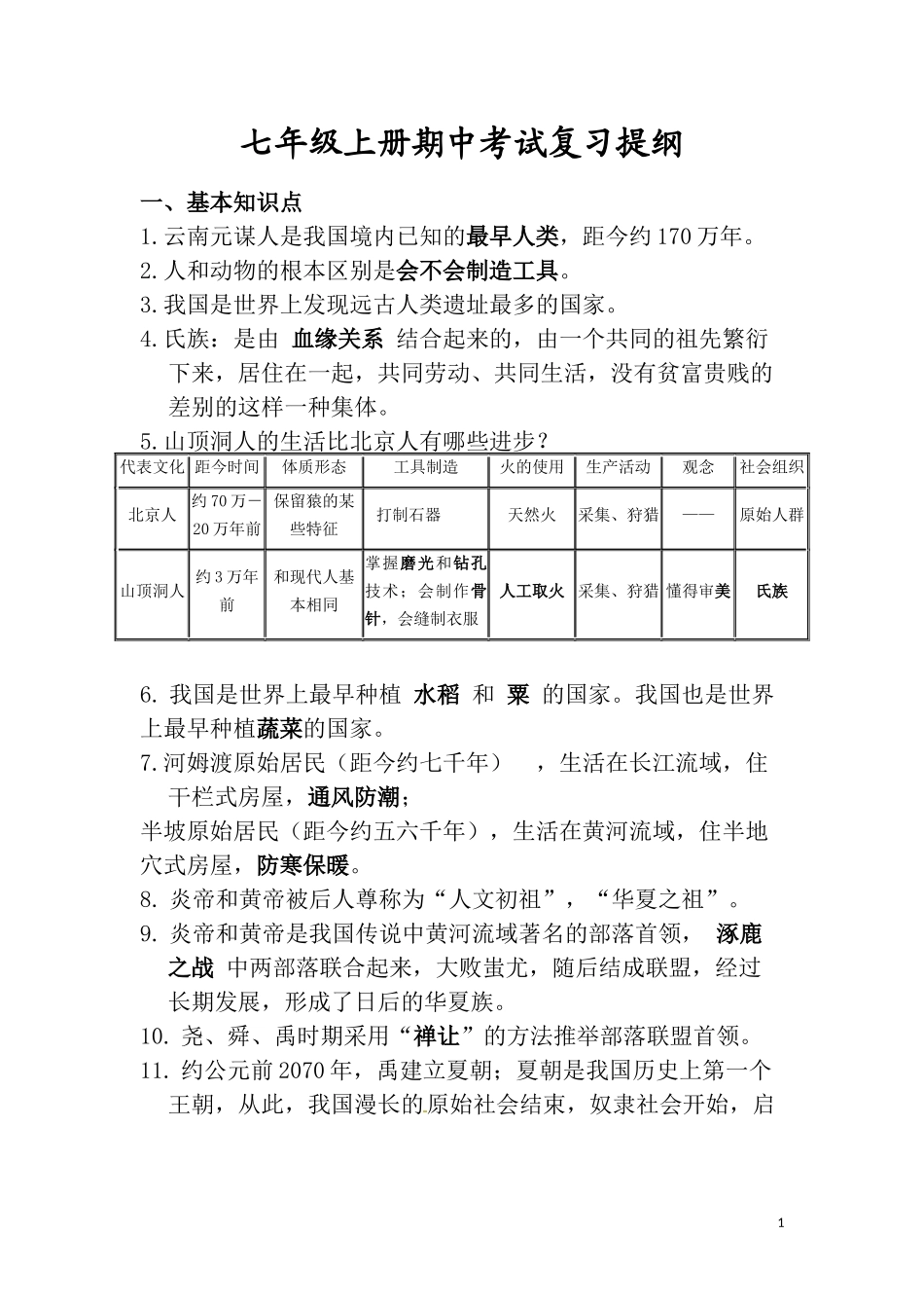 历史七年级上册期中考试复习提纲_第1页