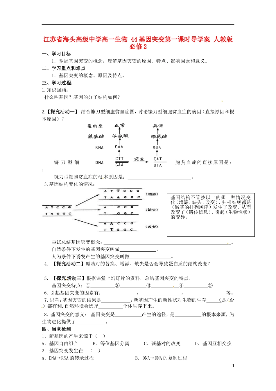 江苏省海头高级中学高中生物 44基因突变第一课时导学案 人教版必修2_第1页