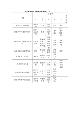学生数学学习兴趣情况调查表二