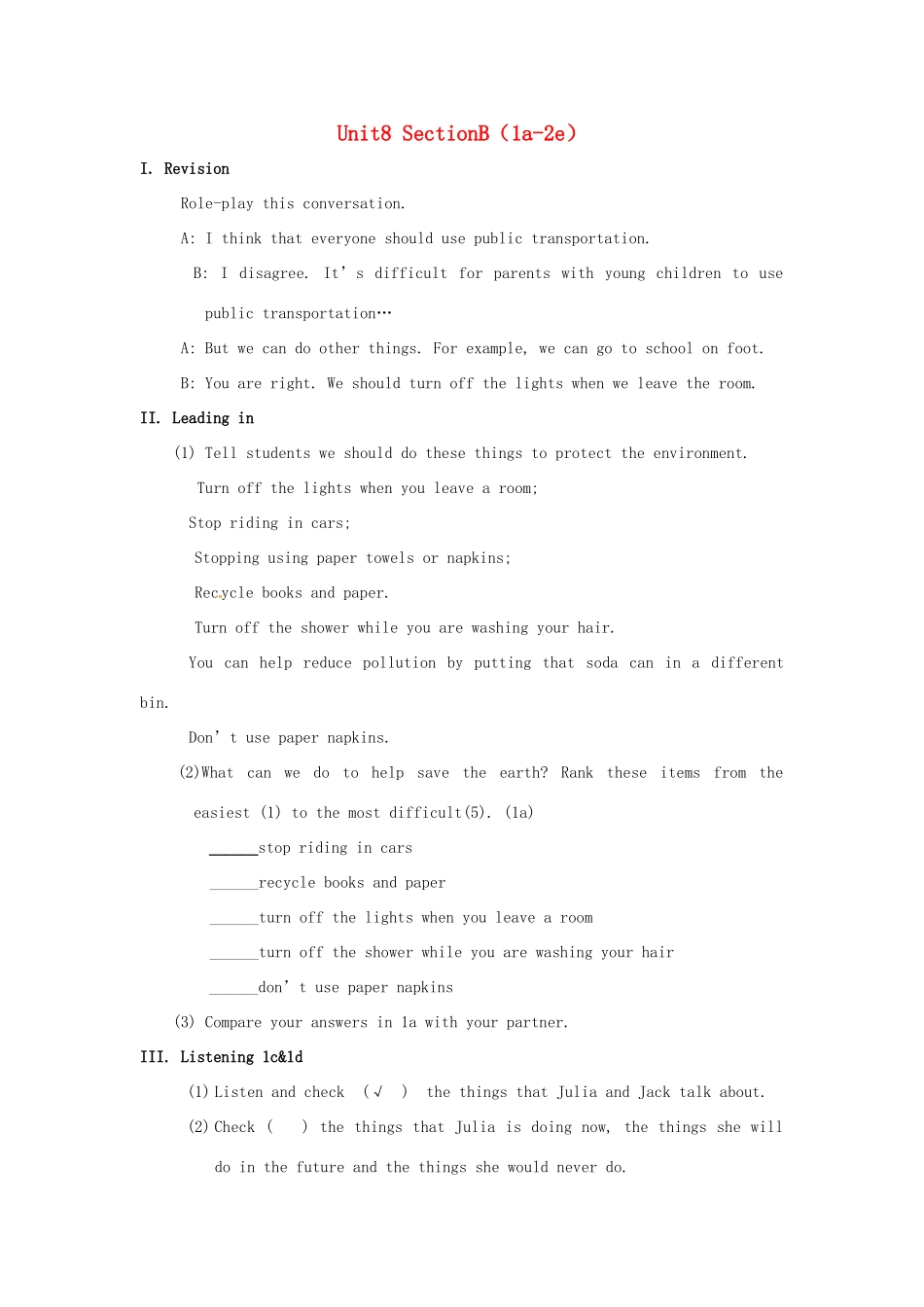 秋九年级英语全册 Unit 8《We’re trying to save he earth》（Section B 1a-2e）教案 （新版）鲁教版五四制-鲁教版五四制初中九年级全册英语教案_第1页