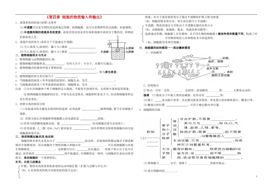 山东临沭二中 第四章 细胞的物质输入和输出复习学案 新人教版必修1_第1页