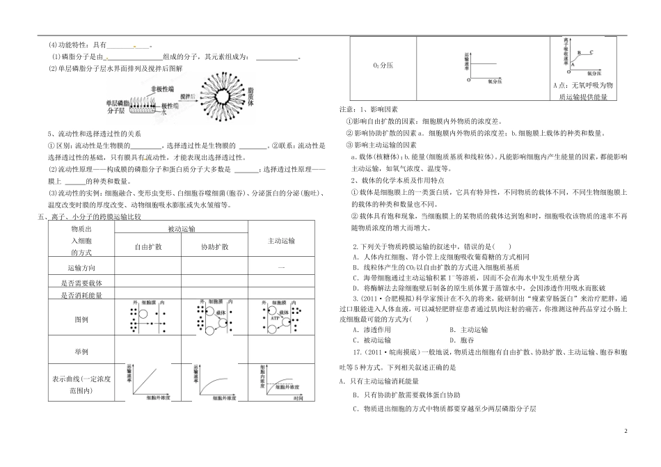 山东临沭二中 第四章 细胞的物质输入和输出复习学案 新人教版必修1_第2页