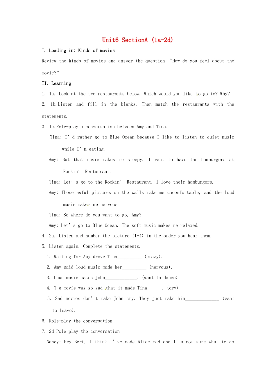 秋九年级英语全册 Unit 6《Sad movies make》（Section A 1a-2d）教案 （新版）鲁教版五四制-鲁教版五四制初中九年级全册英语教案_第1页