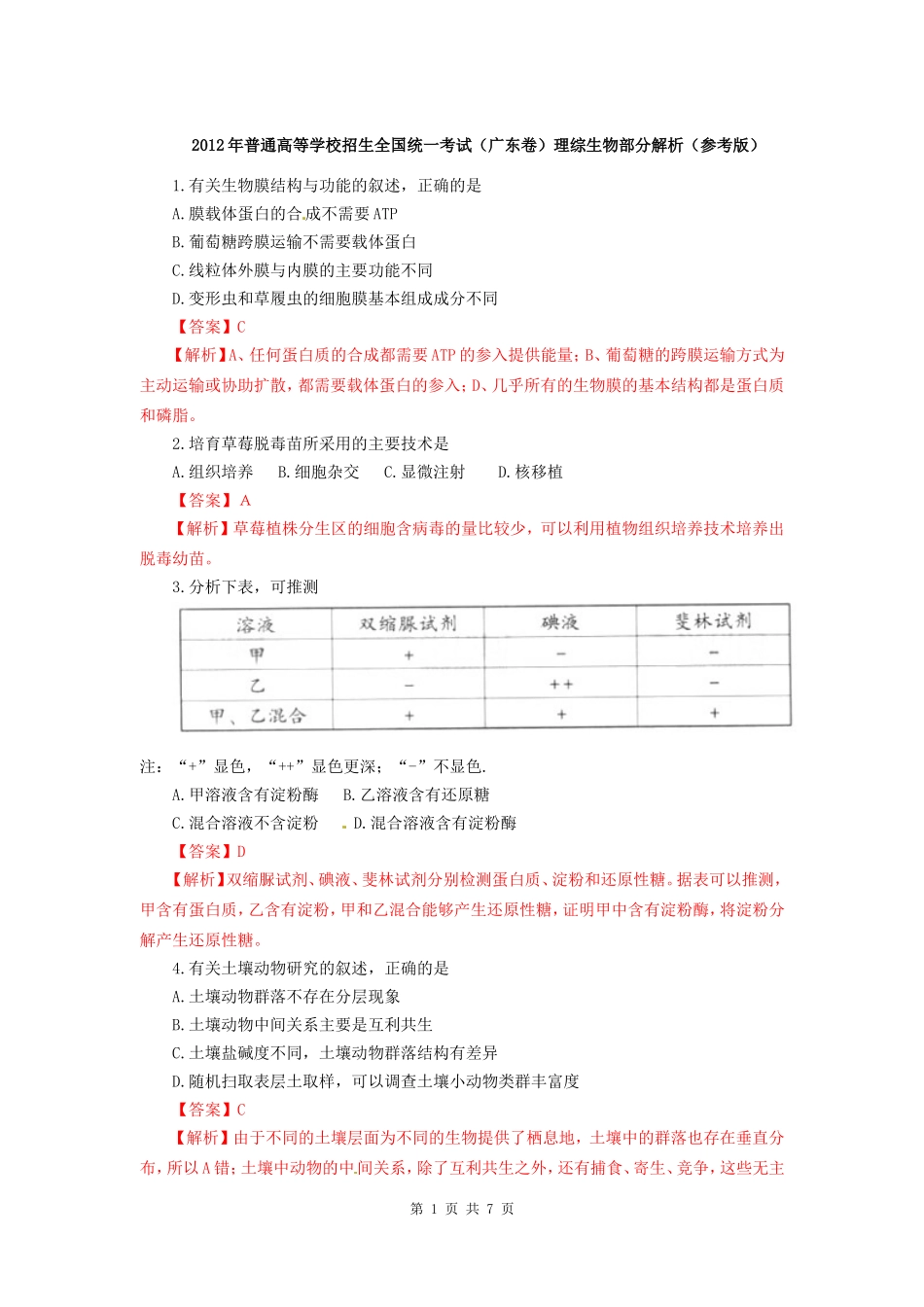 2012全国高考理综生物试题答案及解析(广东卷word版)(1)_第1页